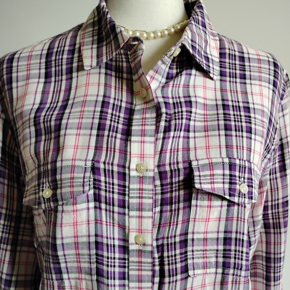 Talbots Cotton Blend Plaid Button Up Shirt Purple Pink Cream Classic Size 1X - Picture 1 of 15